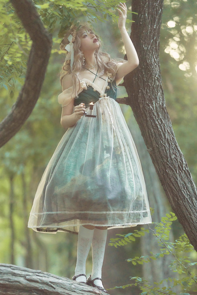 Green V Collar Morning In Pine Forest Print Sweet Lolita Jsk Dress - Product - 2