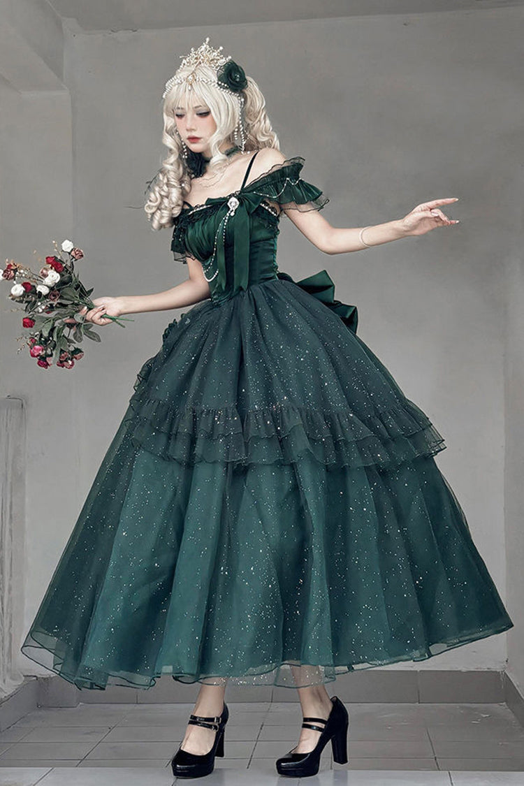 Green [Bright Stars] Off Shoulder Ruffle Bowknot Asymmetric Sweet Elegant Princess Lolita Dress - Product - 3