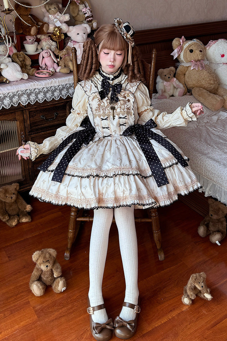 Ivory [Bear’s Holiday] Sleeveless Double-Layered Ruffled Embroidered Bow Sweet Lolita Jsk Dress - Product - 4