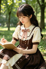 Brown Lapel Collar Short Sleeves Ruffled Open-Front Bow Sweet Plus Size Lolita Dress - Product - 2