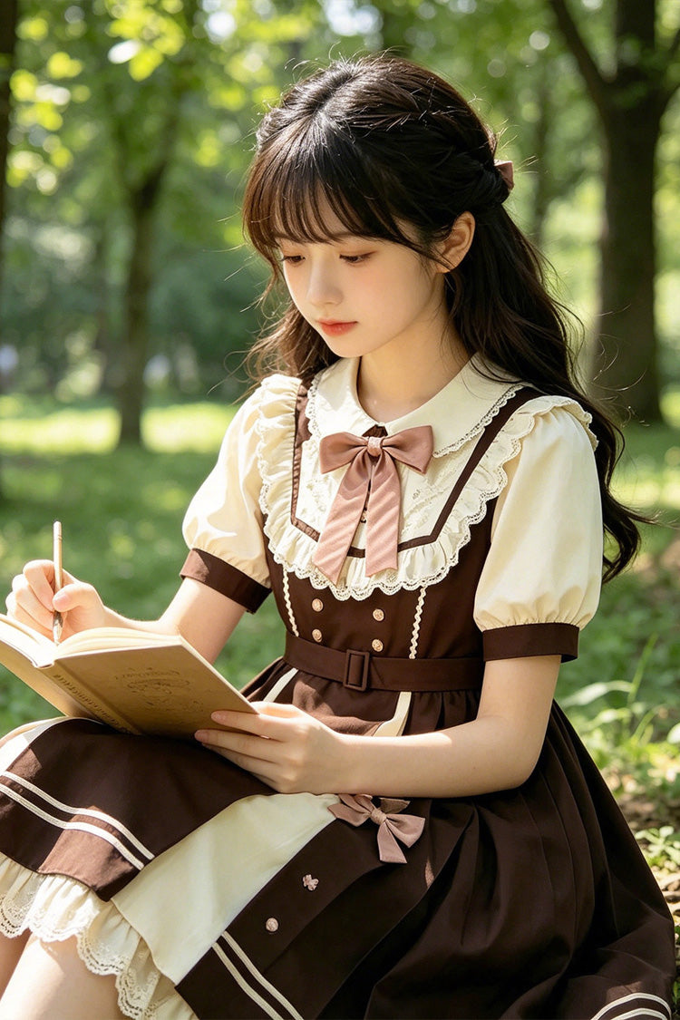Brown Lapel Collar Short Sleeves Ruffled Open-Front Bow Sweet Plus Size Lolita Dress - Product - 2