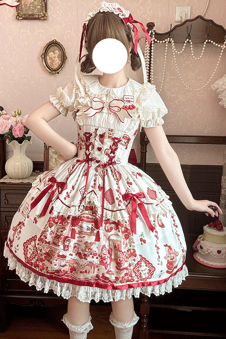 Ivory/Red [Strawberry Bear] Sleeveless Print Ruffle Embroidery Bowknot Lace Sweet Lolita Jsk Dress - Product - 4