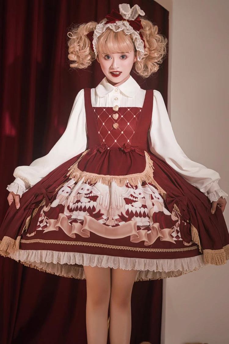 Red Doll Collar [Bunny Reading Club] Print Ruffle Lace Fake Two Pieces Sweet Princess Lolita Dress - Product - 5