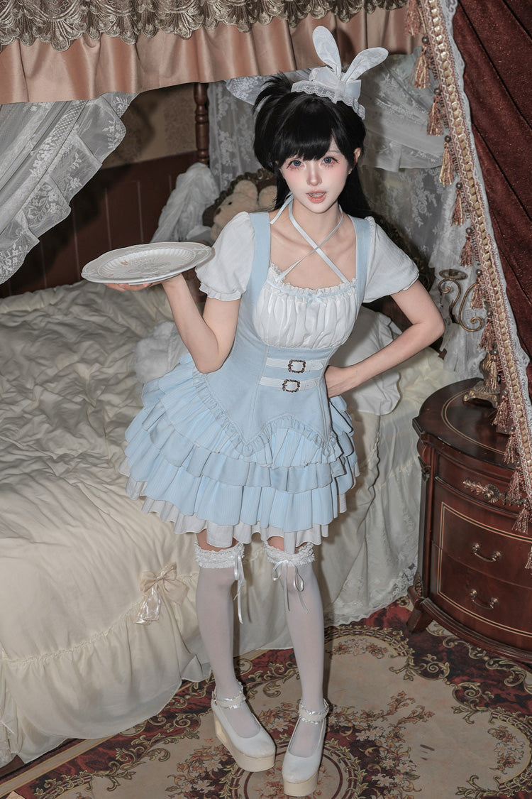 [Silent Summer] Square Collar Halterneck Short Sleeves Multi-Layered Printed Ruffled Classic Cool Lolita Dress Set (Black/Blue 2 Colors) - Product - 10