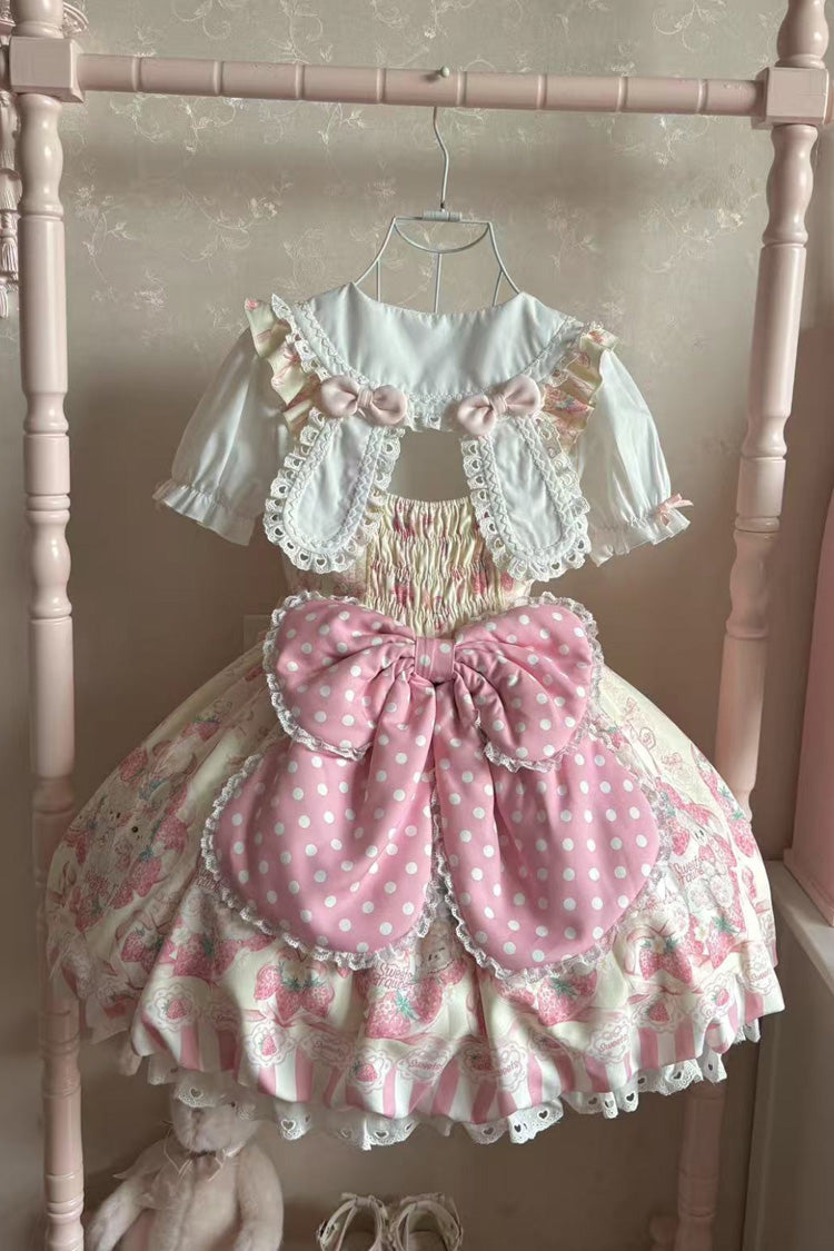 [Cream Rabbit Strawberry] Print Sleeveless Bowknot Sweet Lolita Jsk Dress 2 Colors - Product - 4