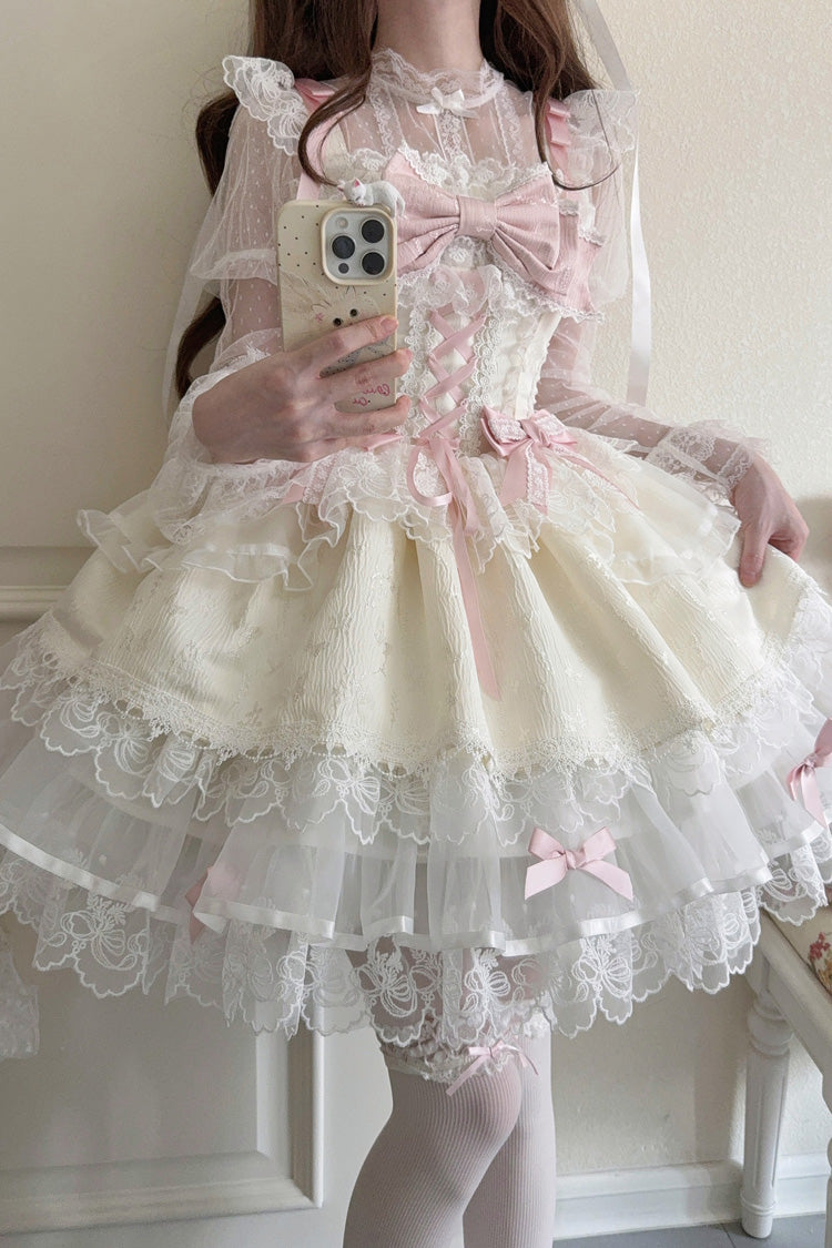 Apricot [Fleishi Island] Sleeveless Ruffle Bowknot Lace Slim Sweet Ballet Lolita Jsk Dress - Product - 2