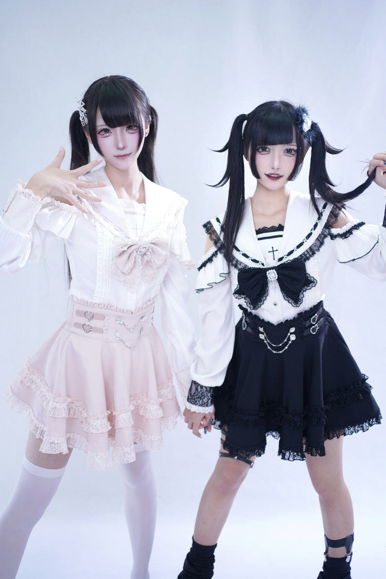 ピンク [Apprentice Witch] オフショルダー ネイビー 襟 半袖 フリル リボン レース パール Detail クラシカル 地雷系 和風 スカートセット 商品画像
