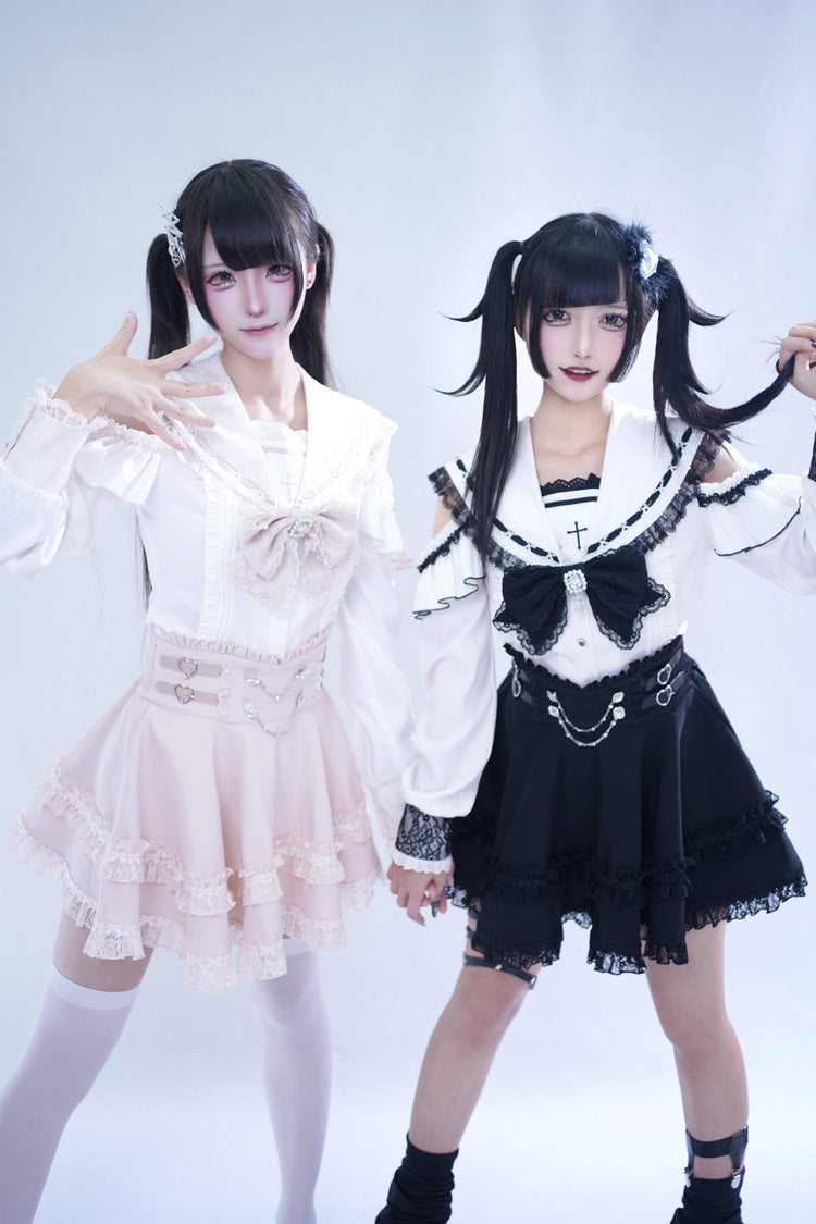 ピンク [Apprentice Witch] オフショルダー ネイビー 襟 半袖 フリル リボン レース パール Detail クラシカル 地雷系 和風 スカートセット 商品画像