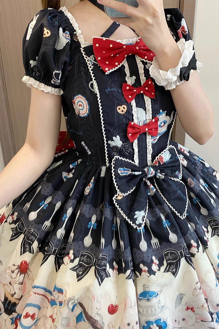 Black [Mystery Rabbit Tea Party] Sleeveless Print Ruffle Bowknot Lace Sweet Lolita Jsk Dress - Product - 5