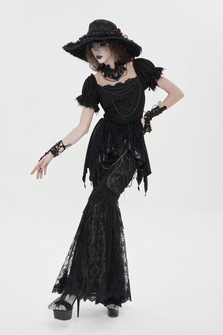 Black Double-Layered Embroidered Lace Slim Pearl-Decorated Women's Gothic Skirt - Product - 3