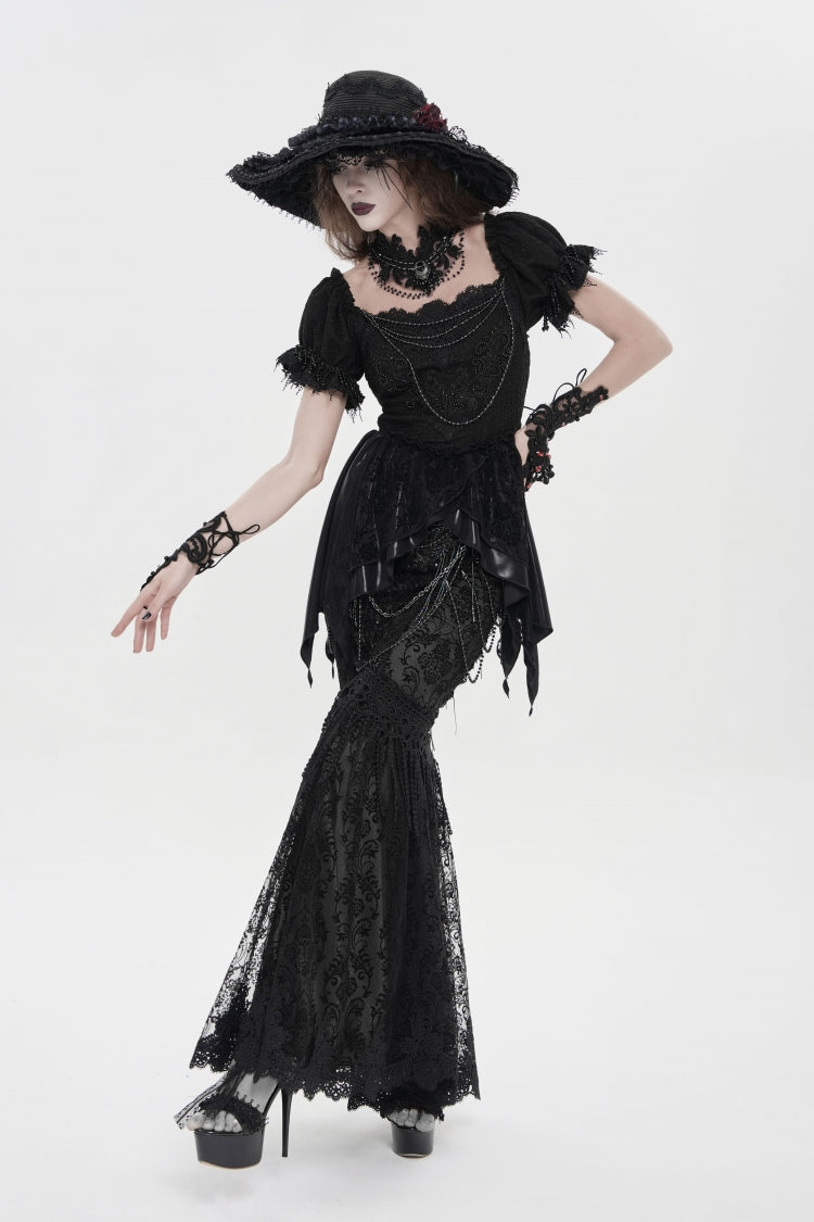 Black Double-Layered Embroidered Lace Slim Pearl-Decorated Women's Gothic Skirt - Product - 3