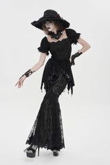Black Double-Layered Embroidered Lace Slim Pearl-Decorated Women's Gothic Skirt - Product - 3