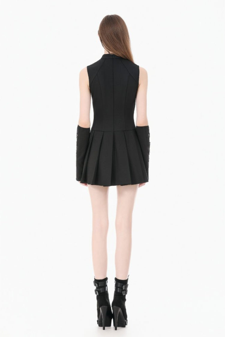 Black Sleeveless Cut-Out Cobweb Sheer Mesh Lace-Up Women's Punk Mini Dress - Product - 4