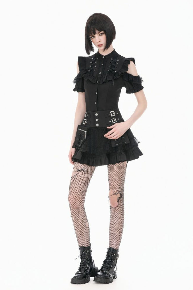 Black Mandarin Collar Cold‑Shoulder Puff Sleeves Ruffled Cut-Out Lace-Up Women's Gothic Blouse - Product - 6