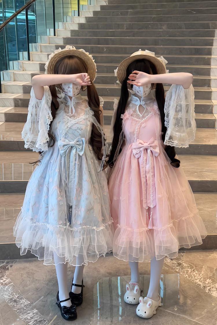 Sweet Sleeveless Ruffle Embroidery Bowknot Lace Chinese Style Lolita Jsk Dress 2 Colors - Pink - 1