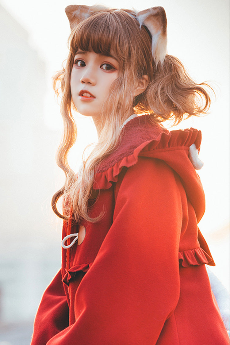 Red Cat Tail Long Sleeves Ruffle Bowknot Hooded Sweet Lolita Coat - Product - 6