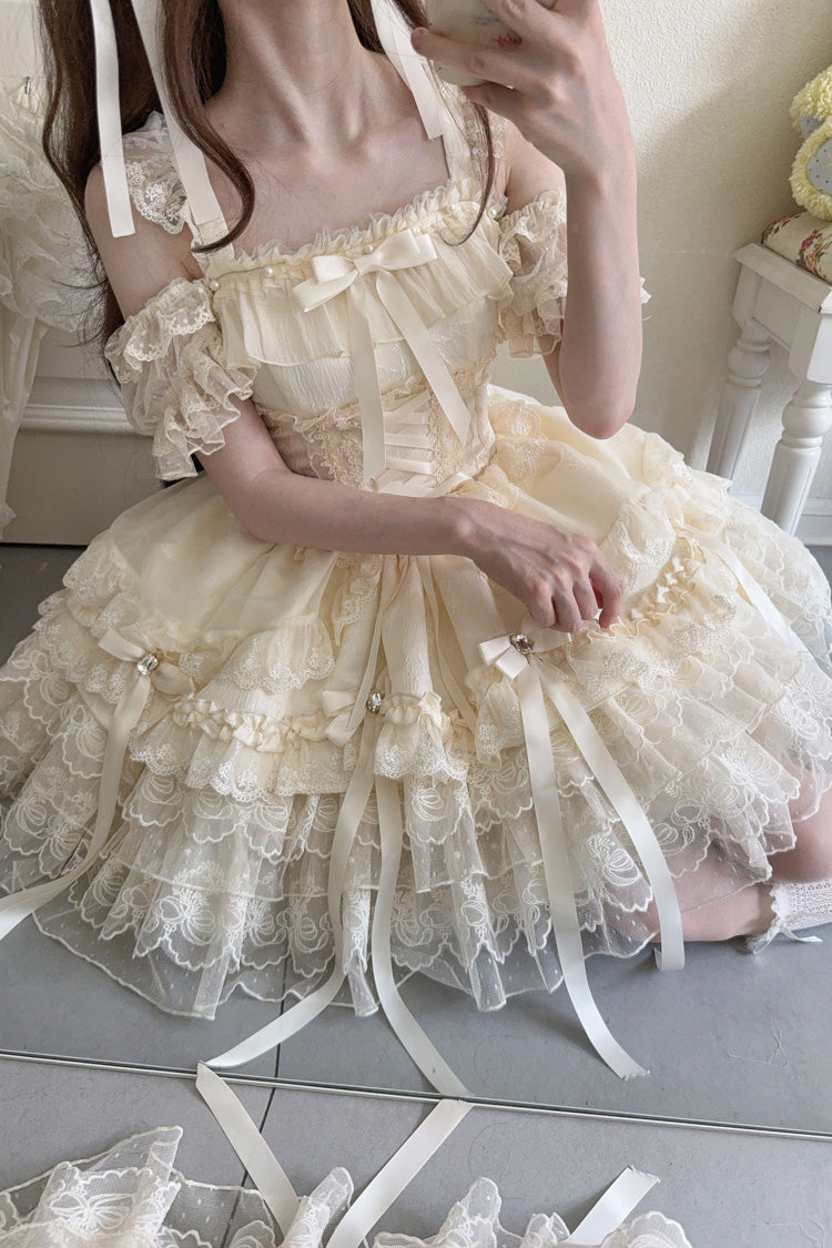 Apricot [Ribbon Heart Love] Sleeveless Multi-Layered Ruffle Bowknot Lace Lace-Up Sweet Princess Ballet Lolita Jsk Dress - Product - 2