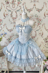 Blue Tube Top Sleeveless Blowknot Ruffled Sweet Lolita Tiered Dress - Product - 6