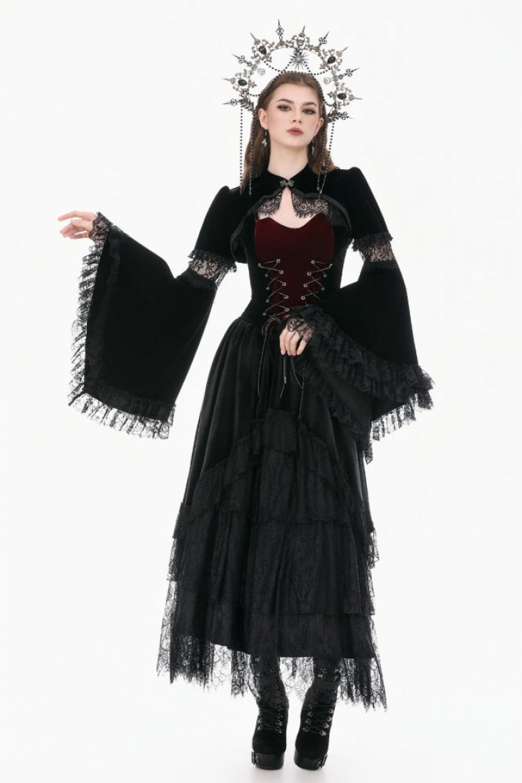 ブラック キーホール マンダリン 襟 ロング フレアスリーブ ベルベット スプライス レース レディース ゴシック シュラグ 商品画像