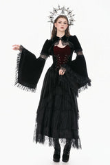 Black Keyhole Mandarin Collar Long Flare Sleeves Velvet Splice Lace Women's Gothic Shrug - Product - 8