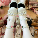 Round Toe Bow Lace Trim Mid Heel Lolita Mary Jane Shoes with Ankle Bells 6 Colors - Blue - 1