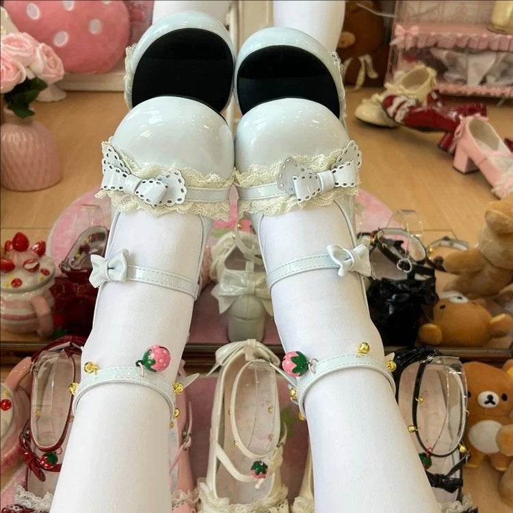 Round Toe Bow Lace Trim Mid Heel Lolita Mary Jane Shoes with Ankle Bells 6 Colors - Blue - 1