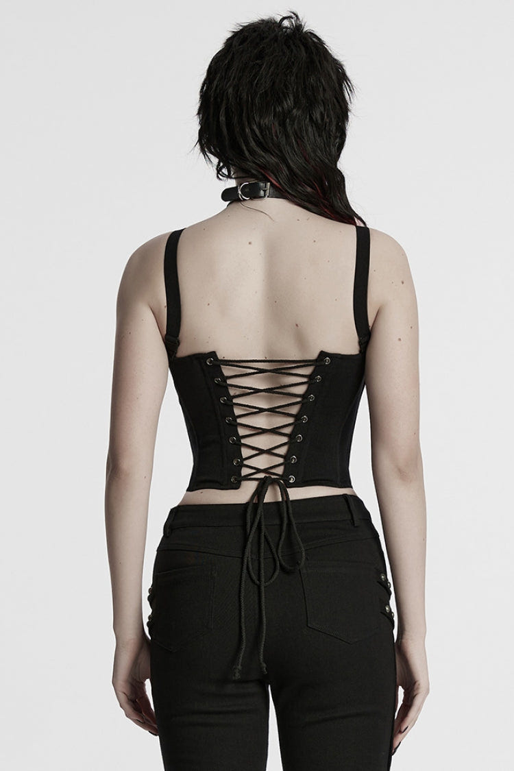 Black Sleeveless Lace-Up Rivet Buckle Women's Punk Vest - Product - 3