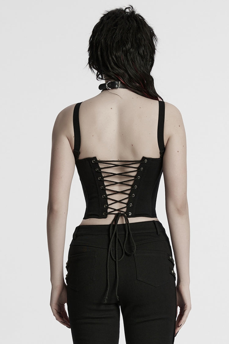 Black Sleeveless Lace-Up Rivet Buckle Women's Punk Vest - Product - 3
