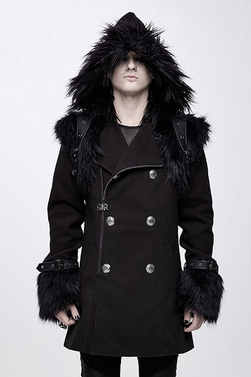 Black Cape Collar Punk Long Mens Coat With Fur - Product - 2