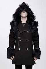 Black Cape Collar Punk Long Mens Coat With Fur - Product - 2