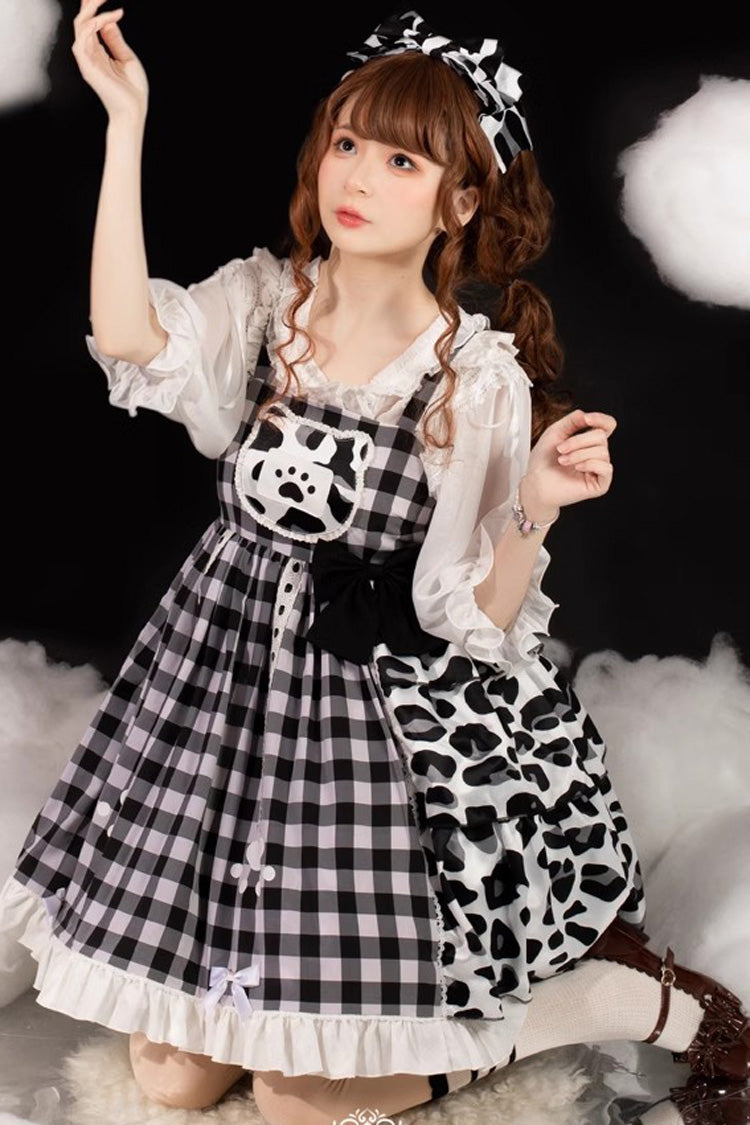 Black/White Plaid Print Cow Ruffle Bowknot Cat Claw Planet Sweet Lolita Jsk Dress - Product - 2