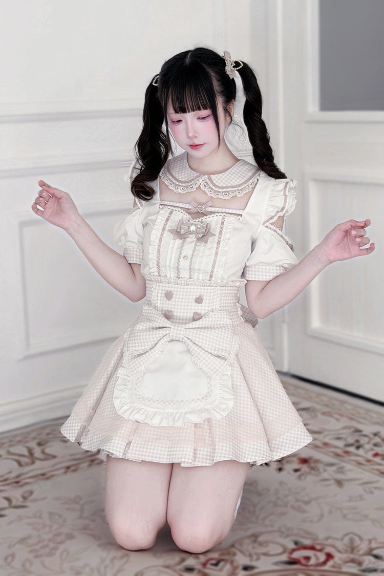 Jirai Kei Square Collar Off Shoulder Short Sleeves Printed Bow Sweet Maid Skirt Set 2 Colors - Product - 14