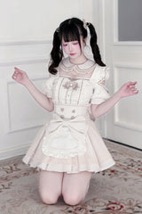 Jirai Kei Square Collar Off Shoulder Short Sleeves Printed Bow Sweet Maid Skirt Set 2 Colors - Product - 14