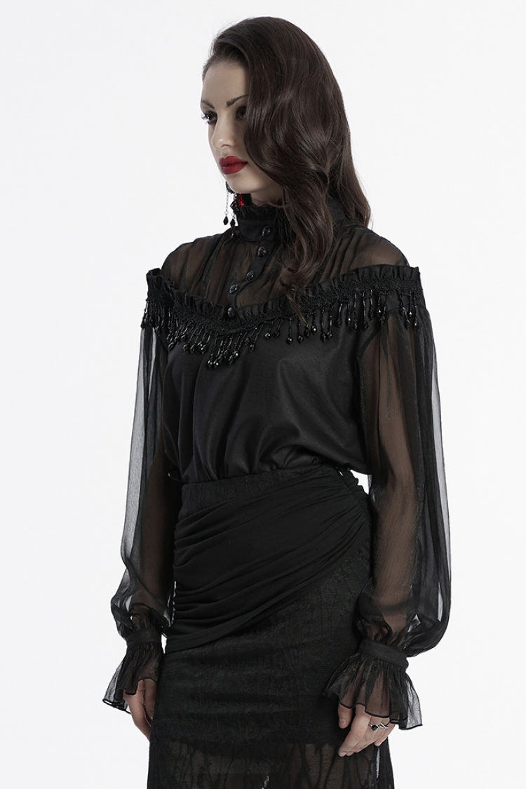 Black Long Sleeves Ruffle Sheer Mesh Women's Gothic Blouse - Product - 2