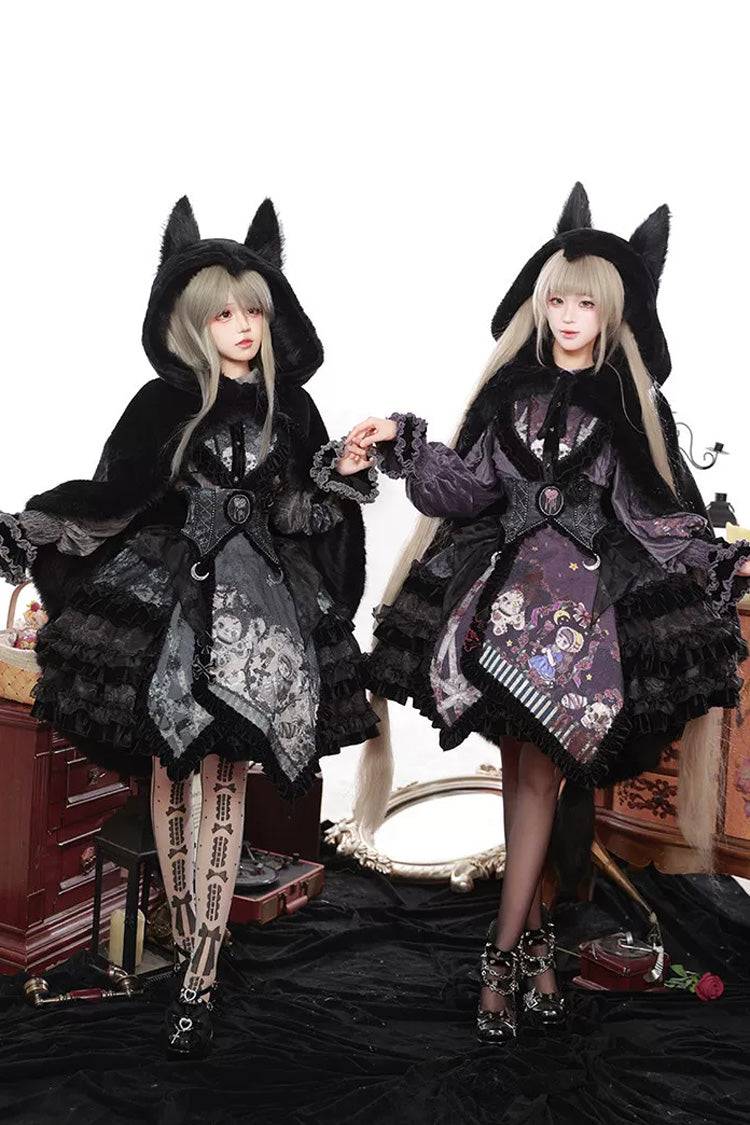 [Werewolf] Fairy Tale Lapel Collar Long Sleeves Printed Ruffled Open-Front Lace Heavy-Detailed Gothic Lolita Skirt Set (Red, Grey, Purple) - Product - 7