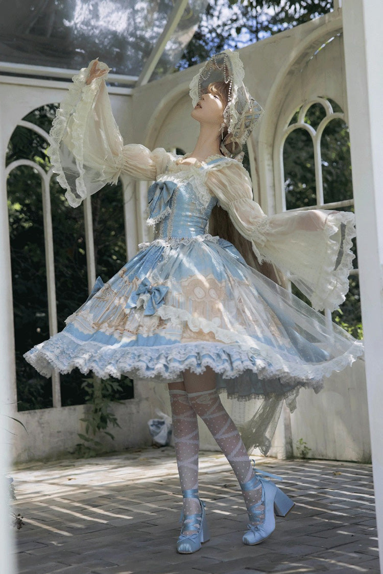 Blue Unicorn Print Sleeveless Multi-Layered Embroidery Bowknot Lace Sweet (Dress Only) detail view 9