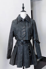 Black [Eternal Night of Bones] Lapel Collar Long Sleeves Studded Eyelet Gothic Jirai Kei Japanese Handsome Top and Skirt Set - Black - 1