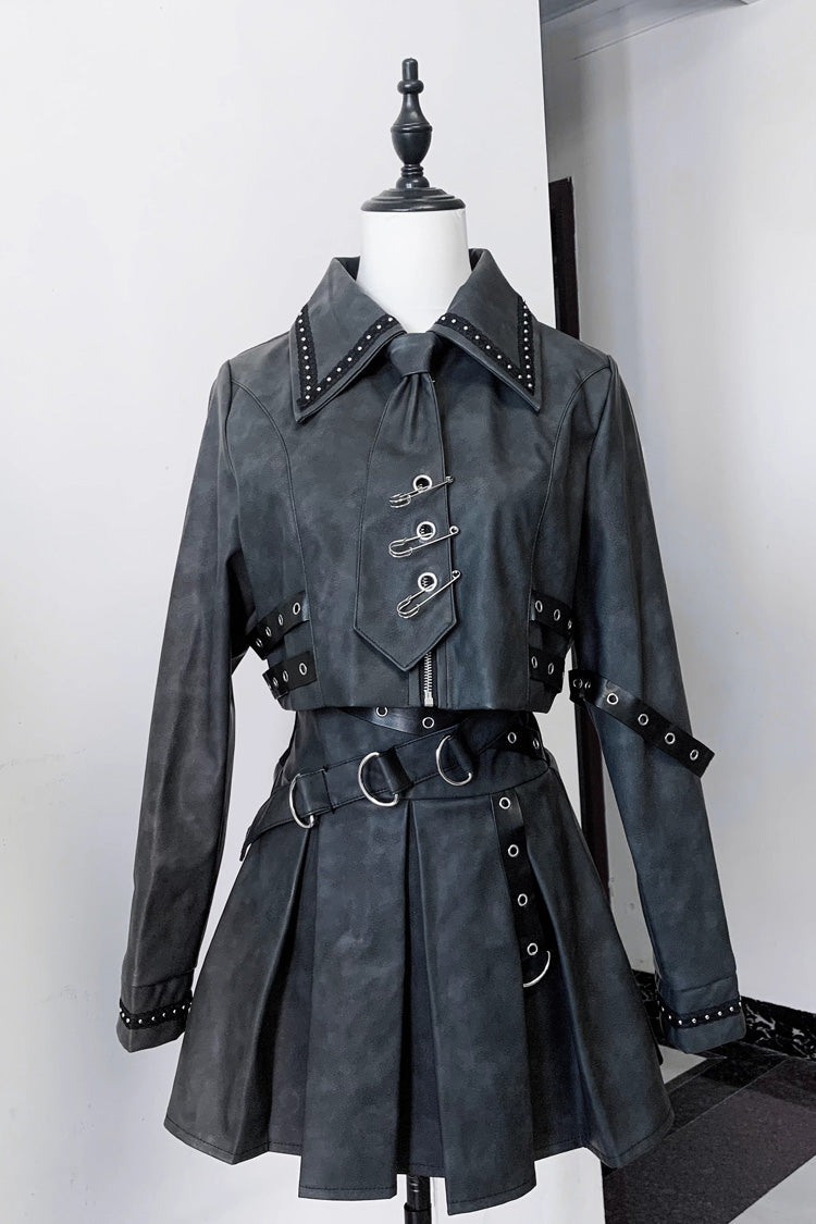 Black [Eternal Night of Bones] Lapel Collar Long Sleeves Studded Eyelet Gothic Jirai Kei Japanese Handsome Top and Skirt Set - Black - 1