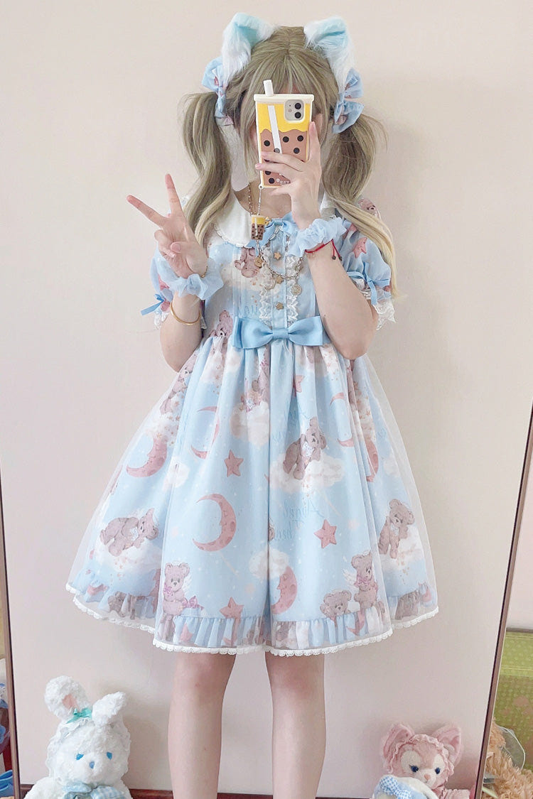 Star Wishing Bear Print Short Sleeves Bowknot Sweet Lolita Dress 2 Colors - Product - 9