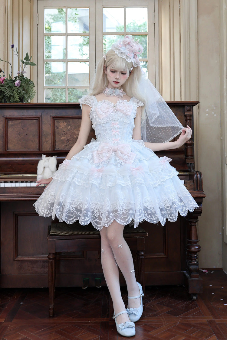 Blue [Bunny Dream Letter] Square Collar Flutter Sleeves Jacquard Ruffled Bow Lace Sweet Princess Balletcore Lolita Jsk Dress - Product - 11