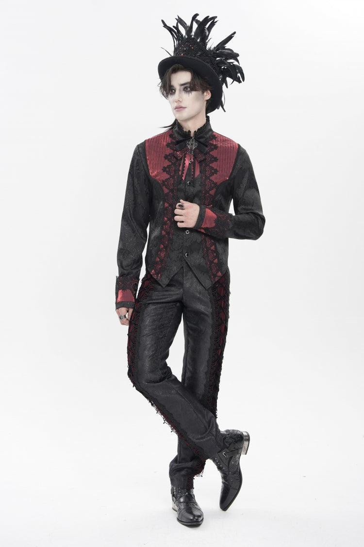 Red Stand Collar Long Sleeves Jacquard Embroidered Bow Lace Men's Gothic Palace Shirt - Product - 2