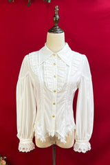 [Late Night] Lapel Collar Long Sleeves Ruffle Lace Slim Sweet Lolita Blouse 6 Colors - White - 1