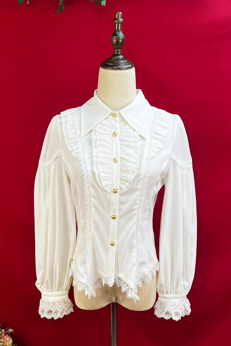 [Late Night] Lapel Collar Long Sleeves Ruffle Lace Slim Sweet Lolita Blouse 6 Colors - White - 1
