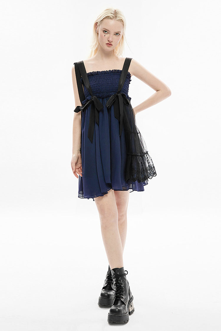 Blue Strap Big Bow Streamer Super Cool Stitching Lace Suspender Women's Gothic Dress - Product - 4