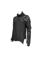 Black Fashion Printed Fabric Stitching Ripped Mesh Detachable Long Sleeve Men's Punk T-Shirt - Product - 8