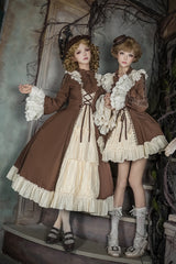 Brown/Beige [Nutcracker] Stand Collar Long Trumpet Sleeves Ruffle Cardigan Bowknot Lace-Up Sweet Lolita Dress Set 2 Versions - Product - 4