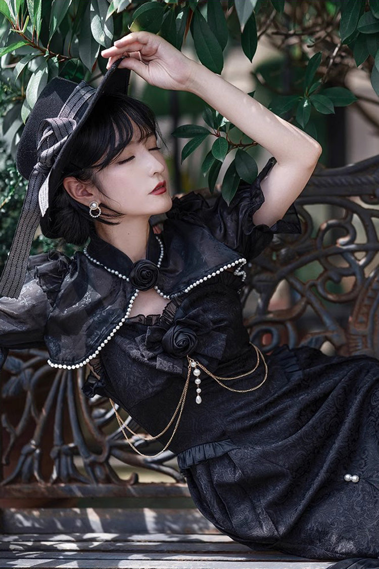 Black [Camellia 1.0] Sleeveless Jacquard Ruffle Lace Gothic Chinese Style Lolita Jsk Fishtail Dress - Product - 16