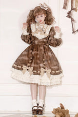 Brown [Chocolate Cat] Print Long Sleeves Ruffle Bowknot Sweet Lolita Dress - Brown - 1