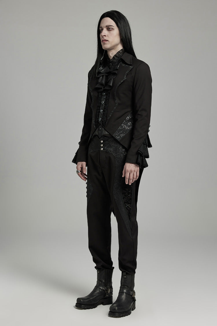 Black Bat Collar Ruffle Men's Swallow-tailed Gothic Coat - Product - 6