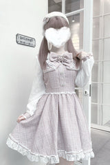 Grey/Pink Long Sleeves Bowknot Lace Pearl Sweet Jirai Kei Dress - Product - 3